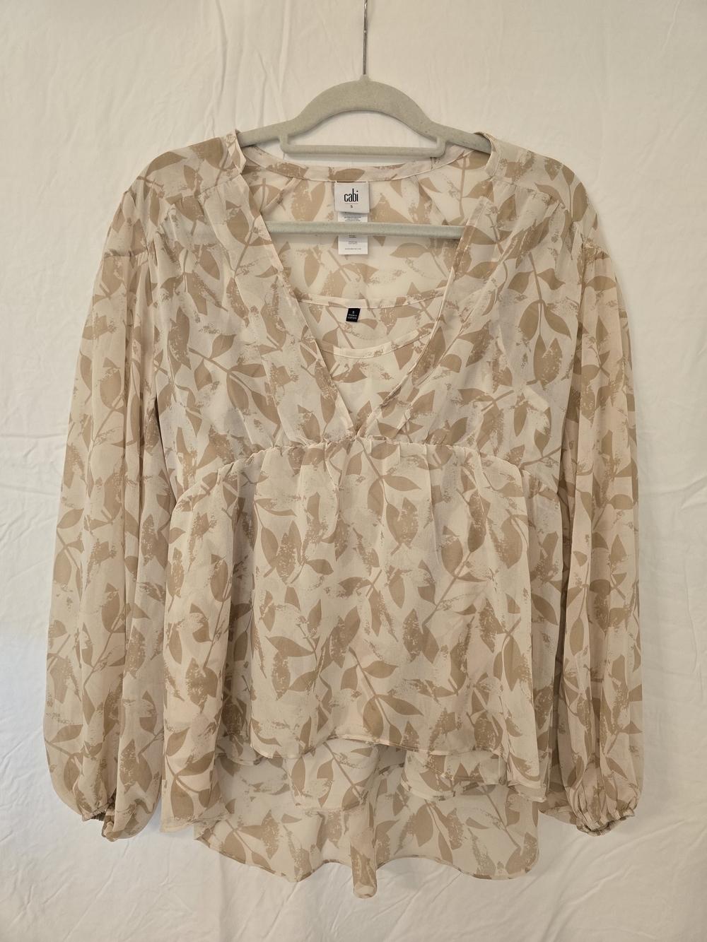 CAbi Beige Leaf-Print V-Neck Blouse With Matching Camisole